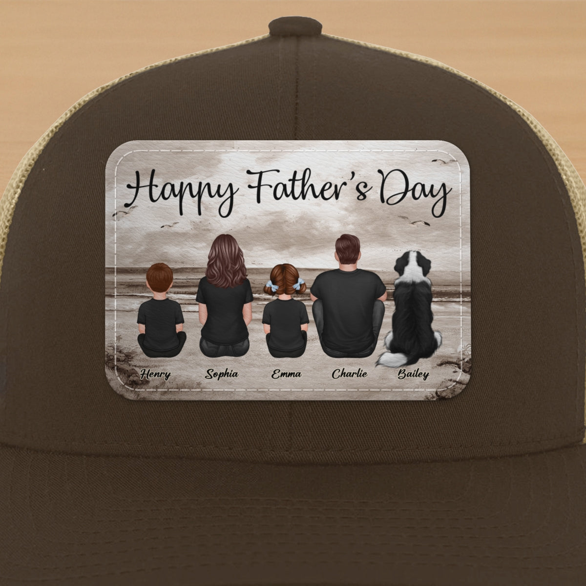 Family Sitting Retro Vintage Beach Landscape Personalized Leather Patch Hat, Gift For Dad