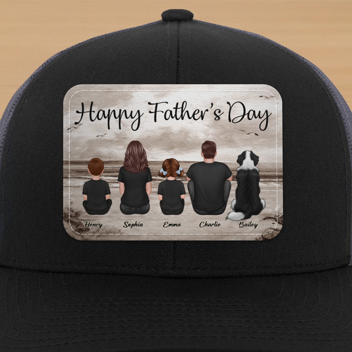 Family Sitting Retro Vintage Beach Landscape Personalized Leather Patch Hat, Gift For Dad