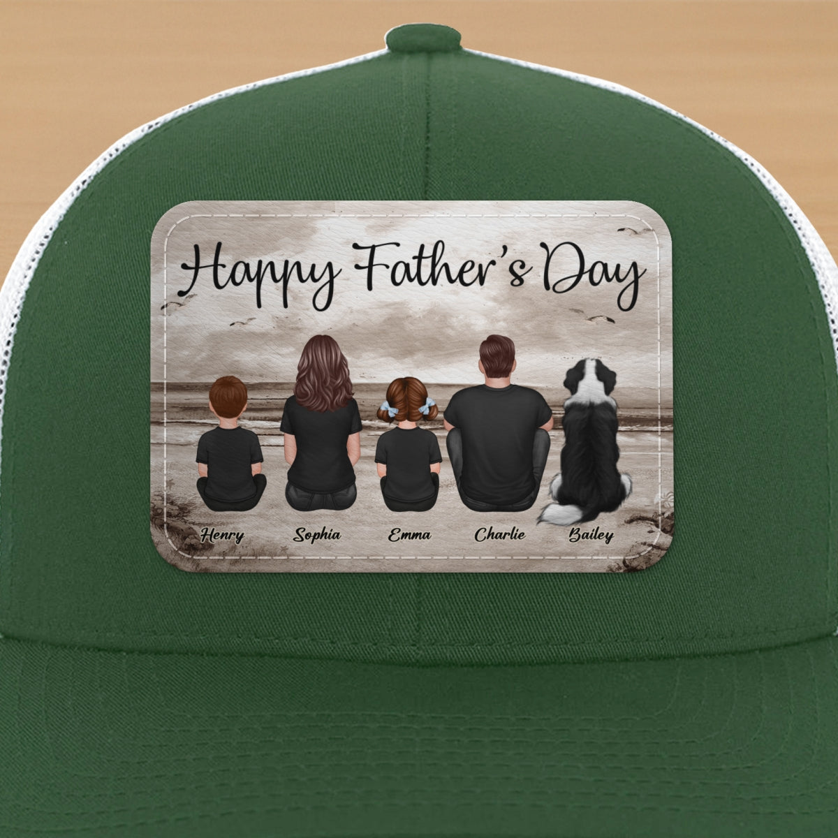 Family Sitting Retro Vintage Beach Landscape Personalized Leather Patch Hat, Gift For Dad