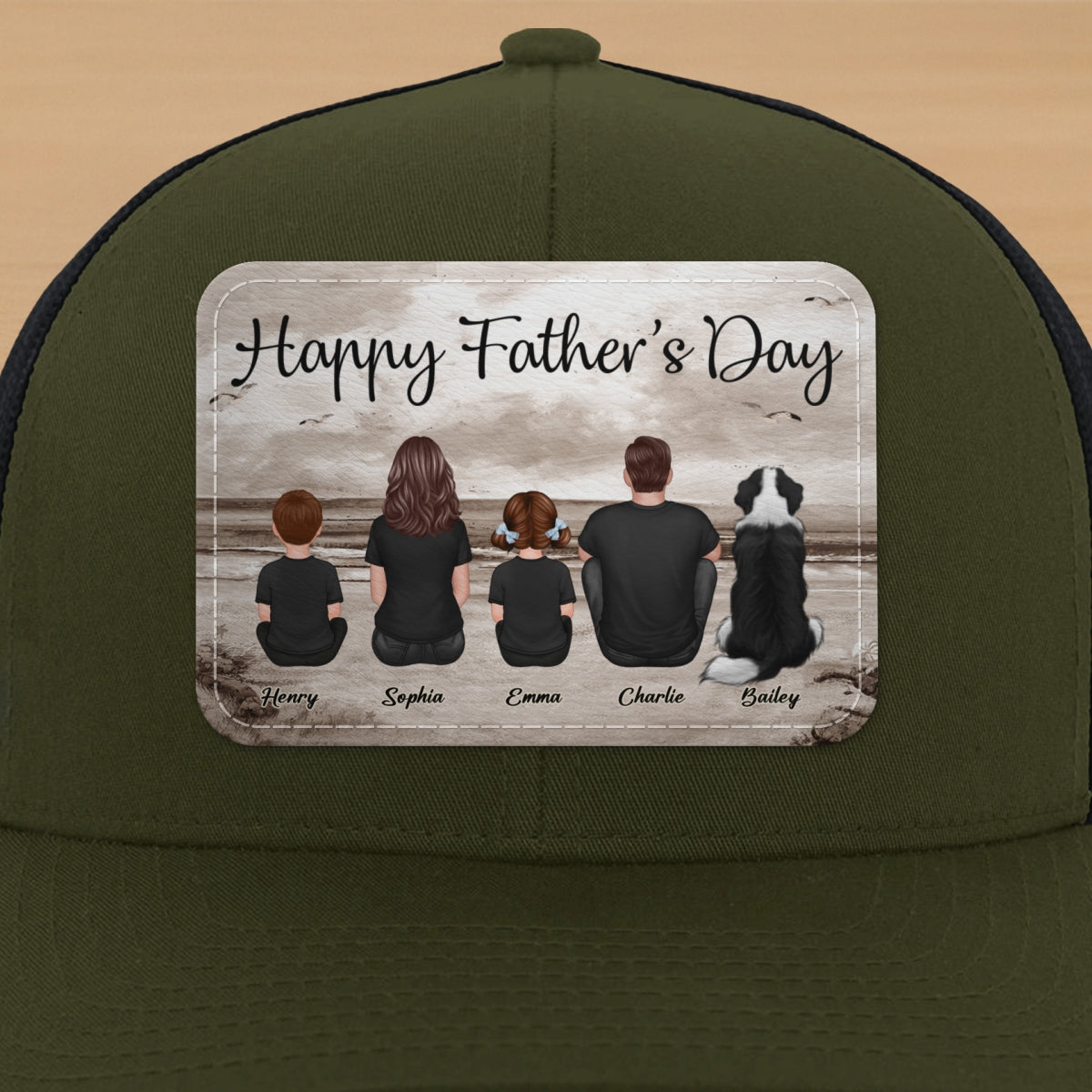 Family Sitting Retro Vintage Beach Landscape Personalized Leather Patch Hat, Gift For Dad