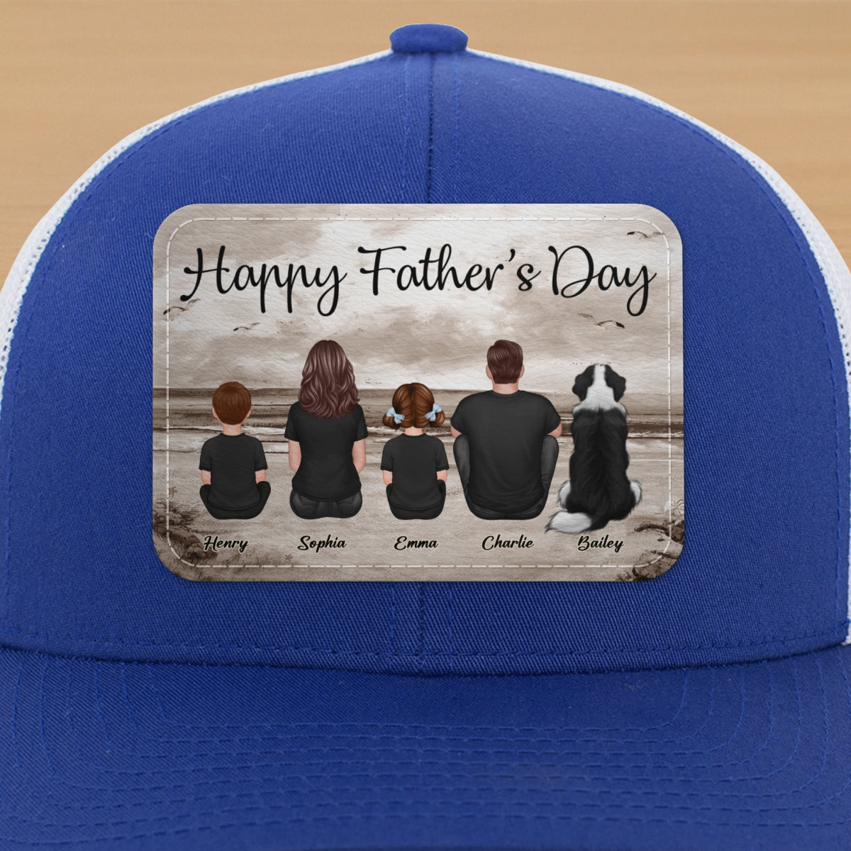 Family Sitting Retro Vintage Beach Landscape Personalized Leather Patch Hat, Gift For Dad