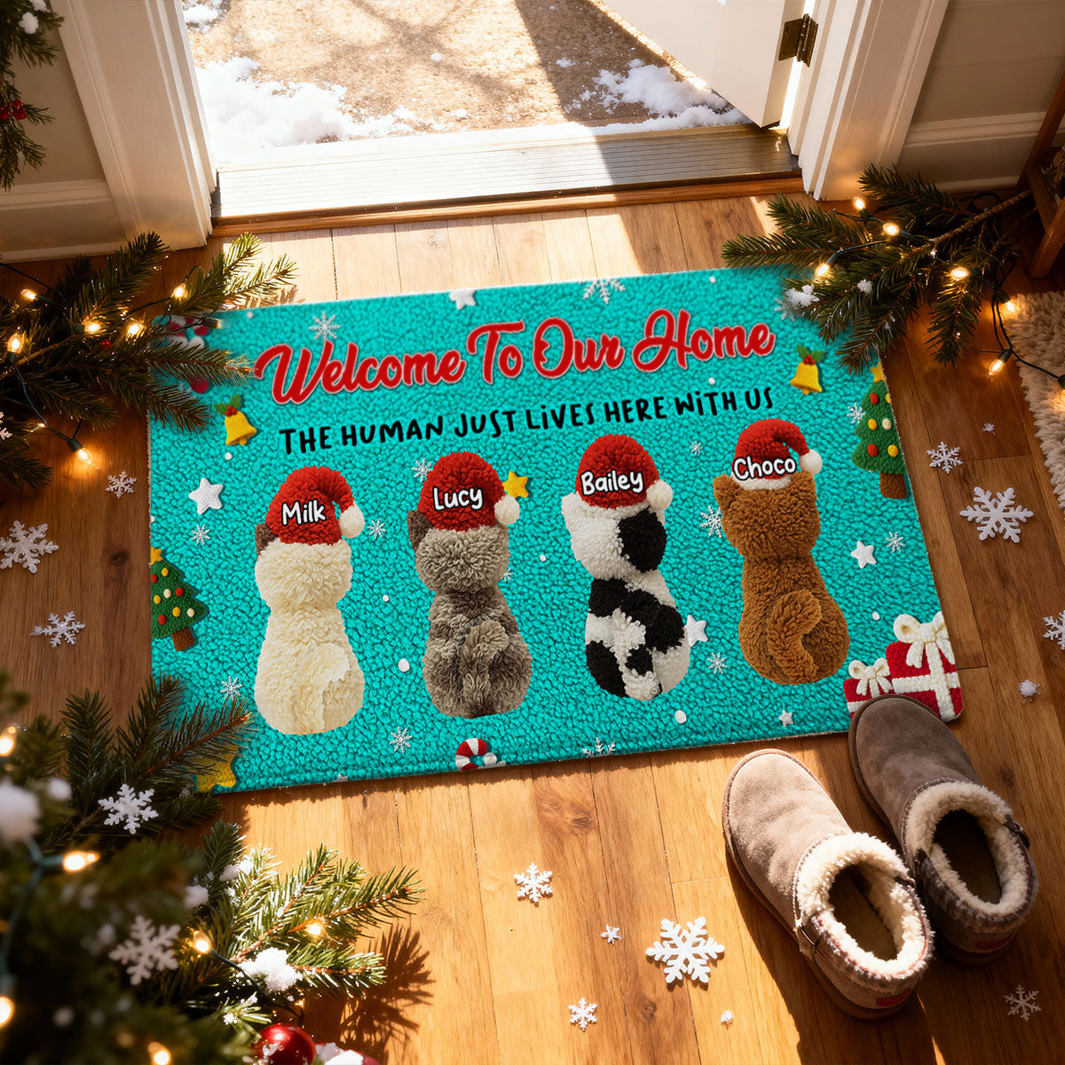 Welcome to Our Home The Humans Just Live Here - Personalized Doormat - Funny Cats Latch Hook Yarn Faux - Christmas Decor for Pet Lovers