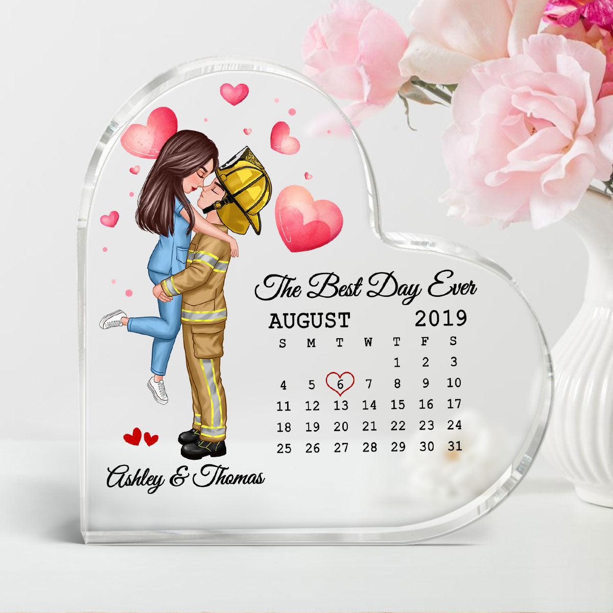 Couple Kissing Hugging Calendar Date Anniversary Valentine‘s Day Gifts by Occupation Gift For Her Gift For Him Firefighter, Nurse, Police Officer Personalized Acrylic Heart Plaque