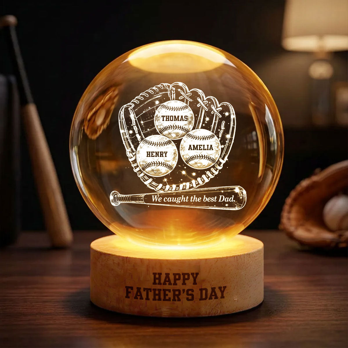 Happy  Baseball Dad - Personalized Crystal Ball LED Night Light -  Gift for Dad, Husband
