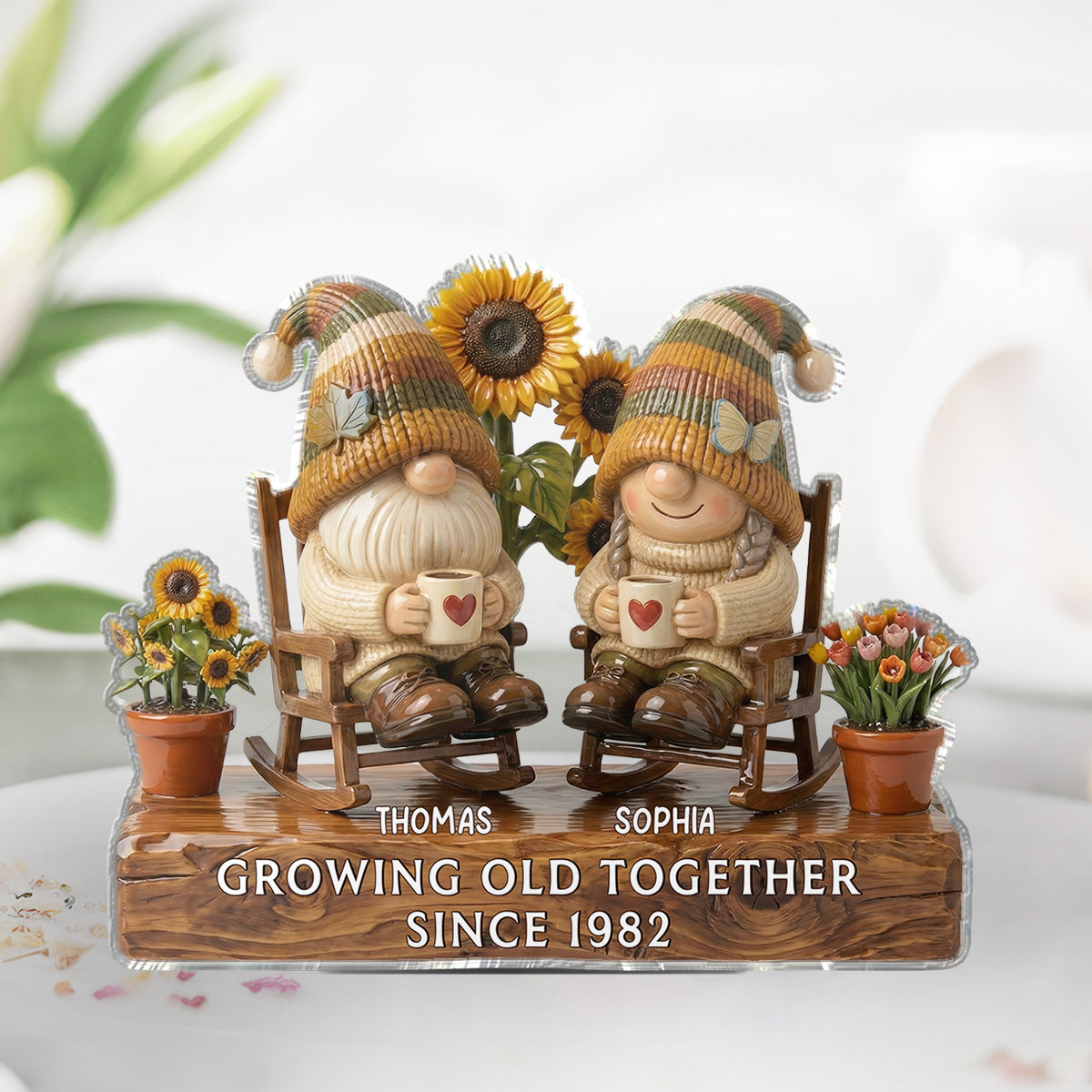 3D Effect Vintage Gnome Couple Grow Old Together - Personalized Acrylic Block Plaque - Gift For Him, Gift For Her