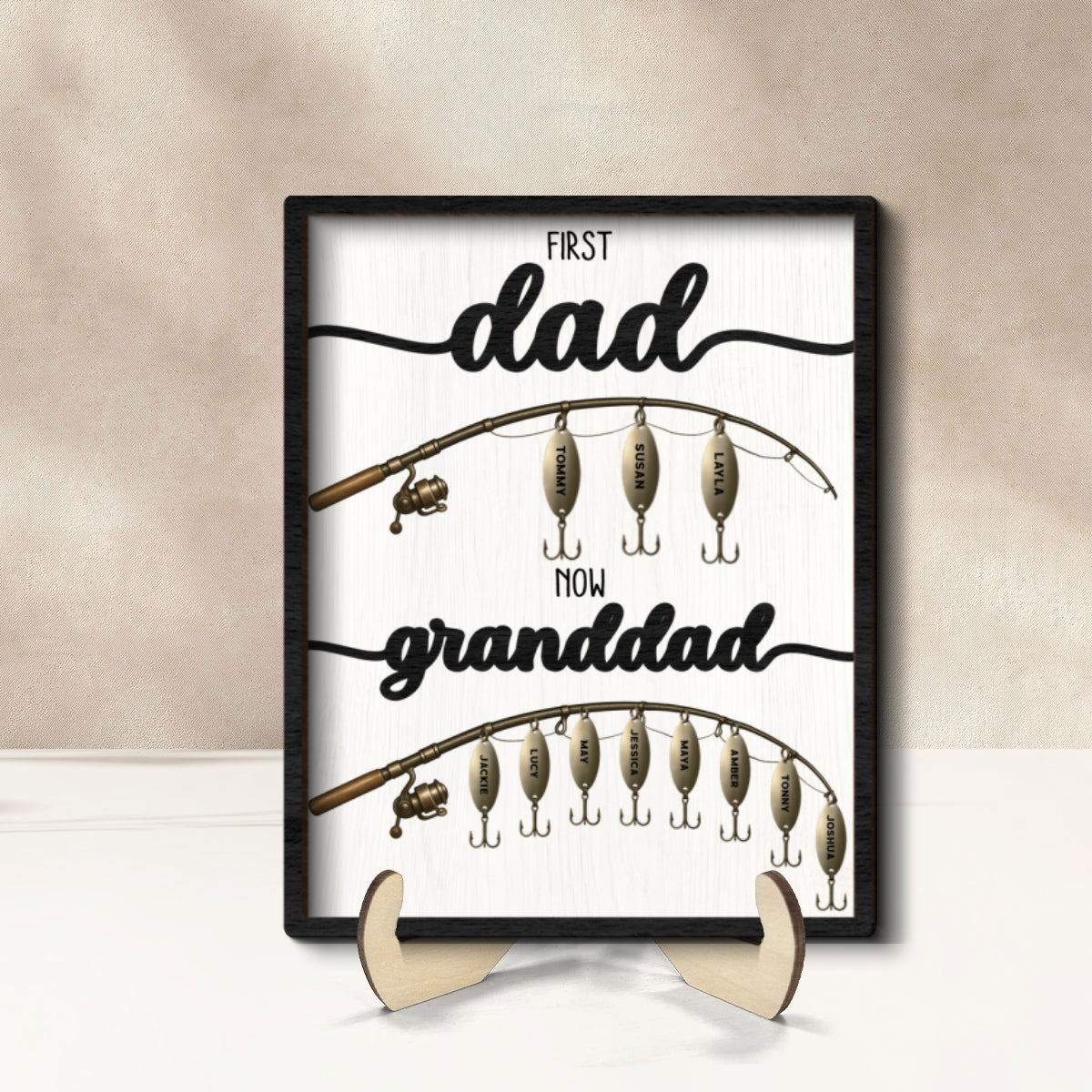 First Dad Now Grandpa Fishing Lures With Kids' Names Personalized 2-Layered Wooden Plaque,  Gift For Husband, For Dad, For Grandpa