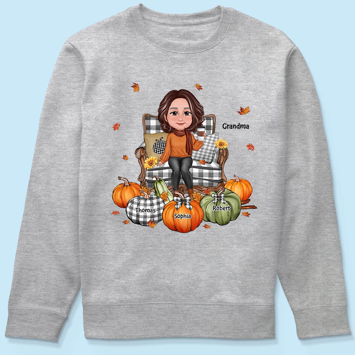 Grandma Sitting On Chair Pumpkins - Personalized Shirt - Gift For Grandma