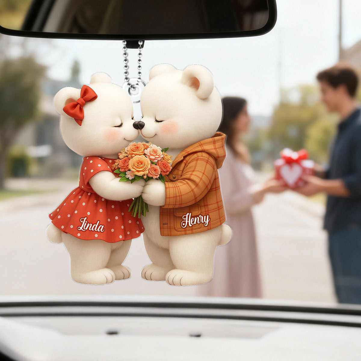 Loving Kissing Bear Couple - Personalized Acrylic Car Hanger - Sentimental Gift for him, for her