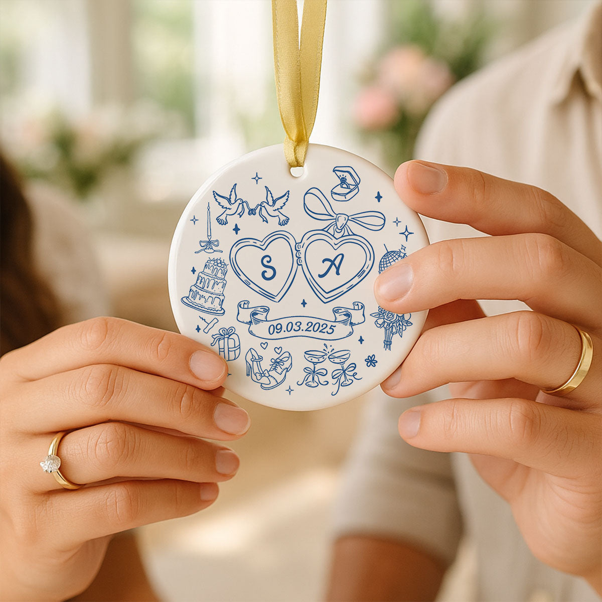 Couple Initials Locket Coquette Doodle Personalized Ceramic Ornament, First Christmas Gift, Married, Engagement Gift for Couples