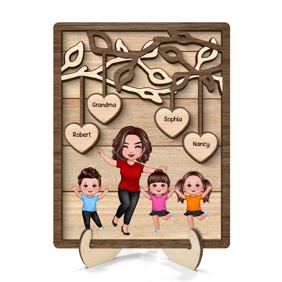 Happy Grandma Grandkids Under Tree Personalized 2-layer Wooden Plaque
