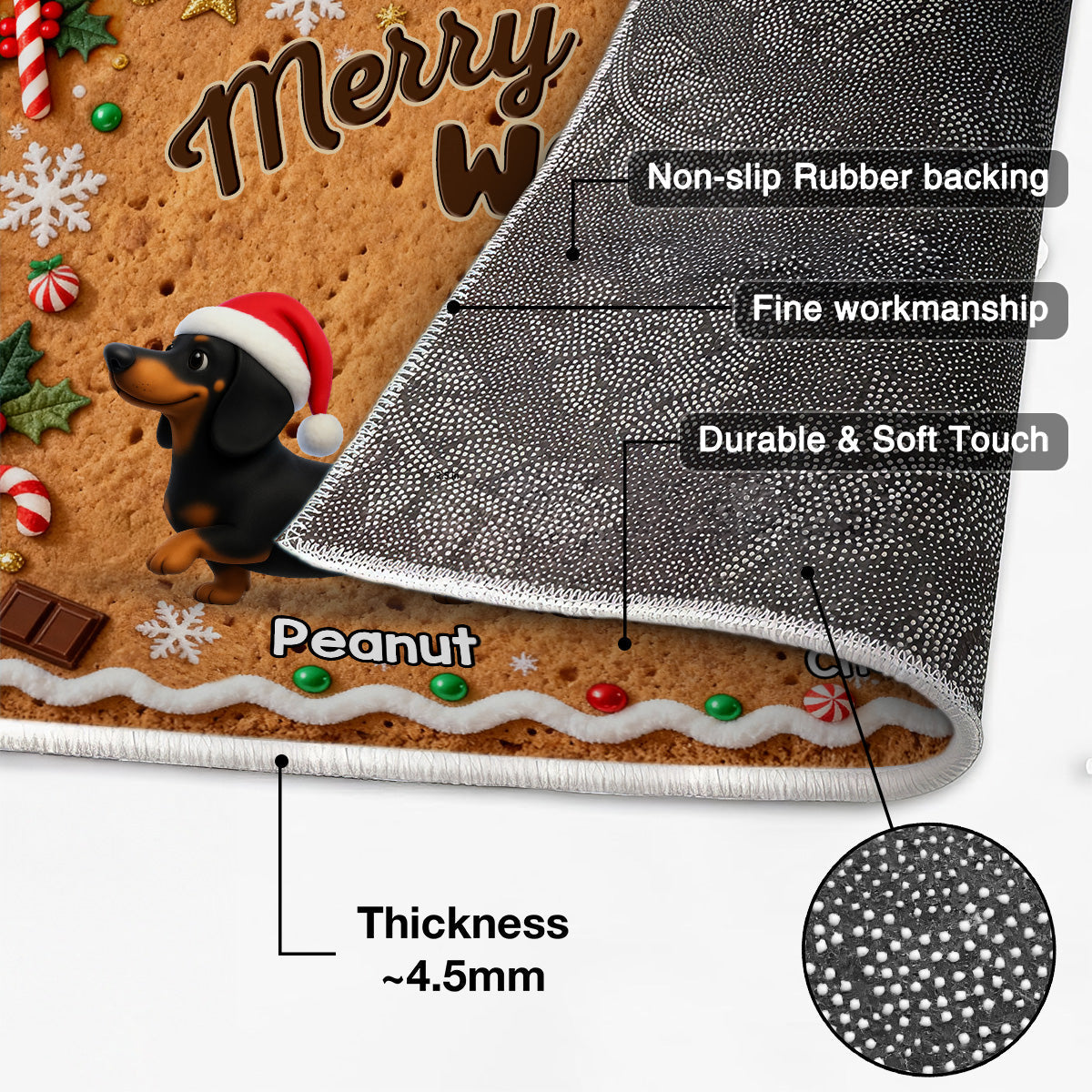 3D Effect Christmas Happy Pawliday Dachshunds Walking Gingerbread Cookie Theme - Personalized Doormat