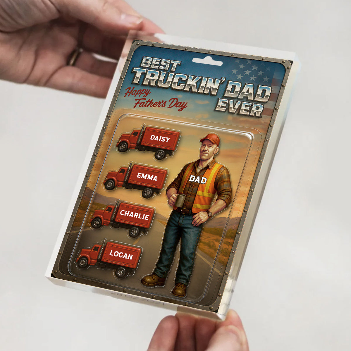 Best Truckin' Dad Ever Nation Flag Custom Action Figure Personalized Acrylic Block Plaque,  Gift for Trucker Dad