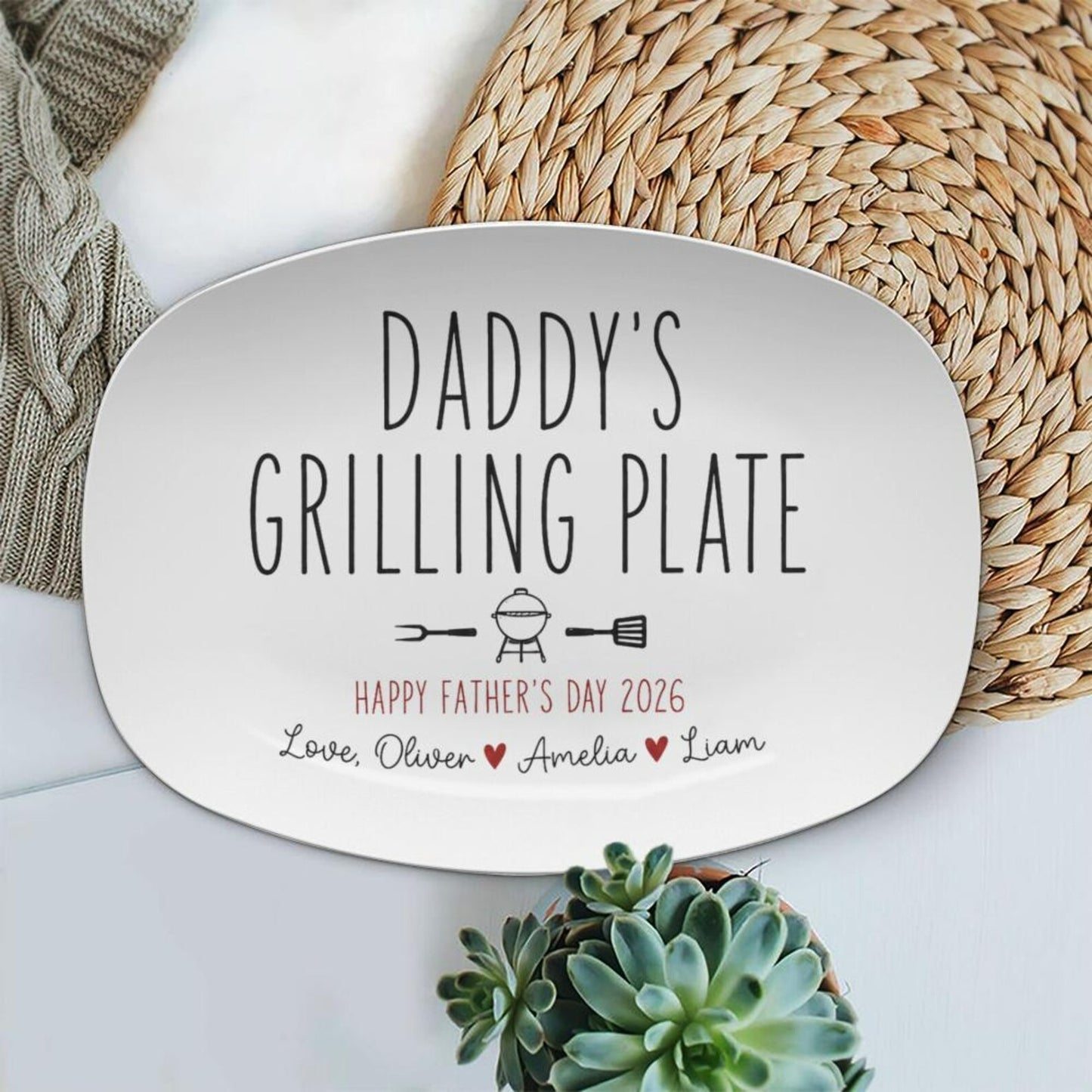 Personalized Ceramic Daddy's Minimalist Platter, Father's Day Grilling Custom Name Gift