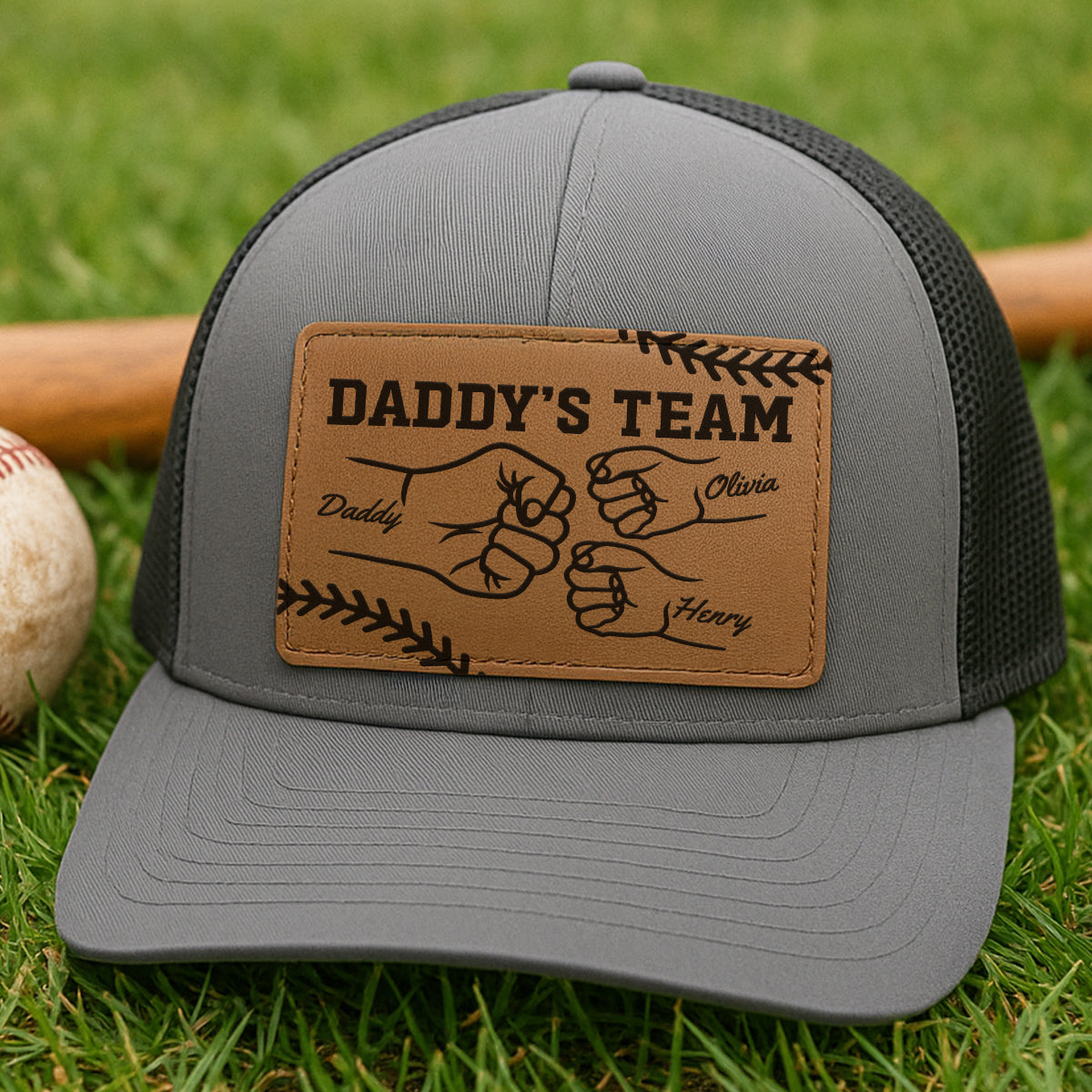 Baseball Daddy's Team Fist Bump Outline Personalized Leather Patch Hat