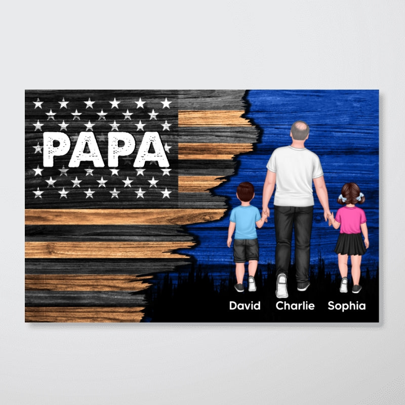 Grandpa Papa Walking With Grandkids Half Nation Flag Personalized Horizontal Poster