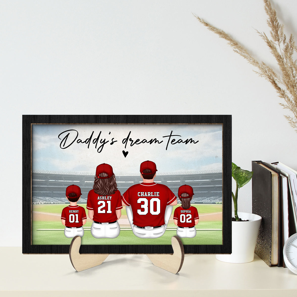 Daddy's Team Baseball Family Sitting Personalized 2-Layer Wooden Plaque,  Gift For Dad, Grandpa, Husband