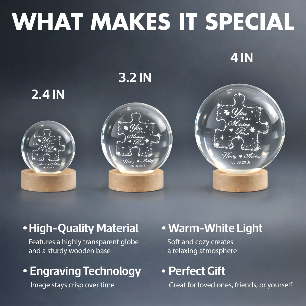 Couple You Are My Missing Piece - Personalized Crystal Ball LED Night Light - Heartfelt Anniversary Gift For Him, For Her
