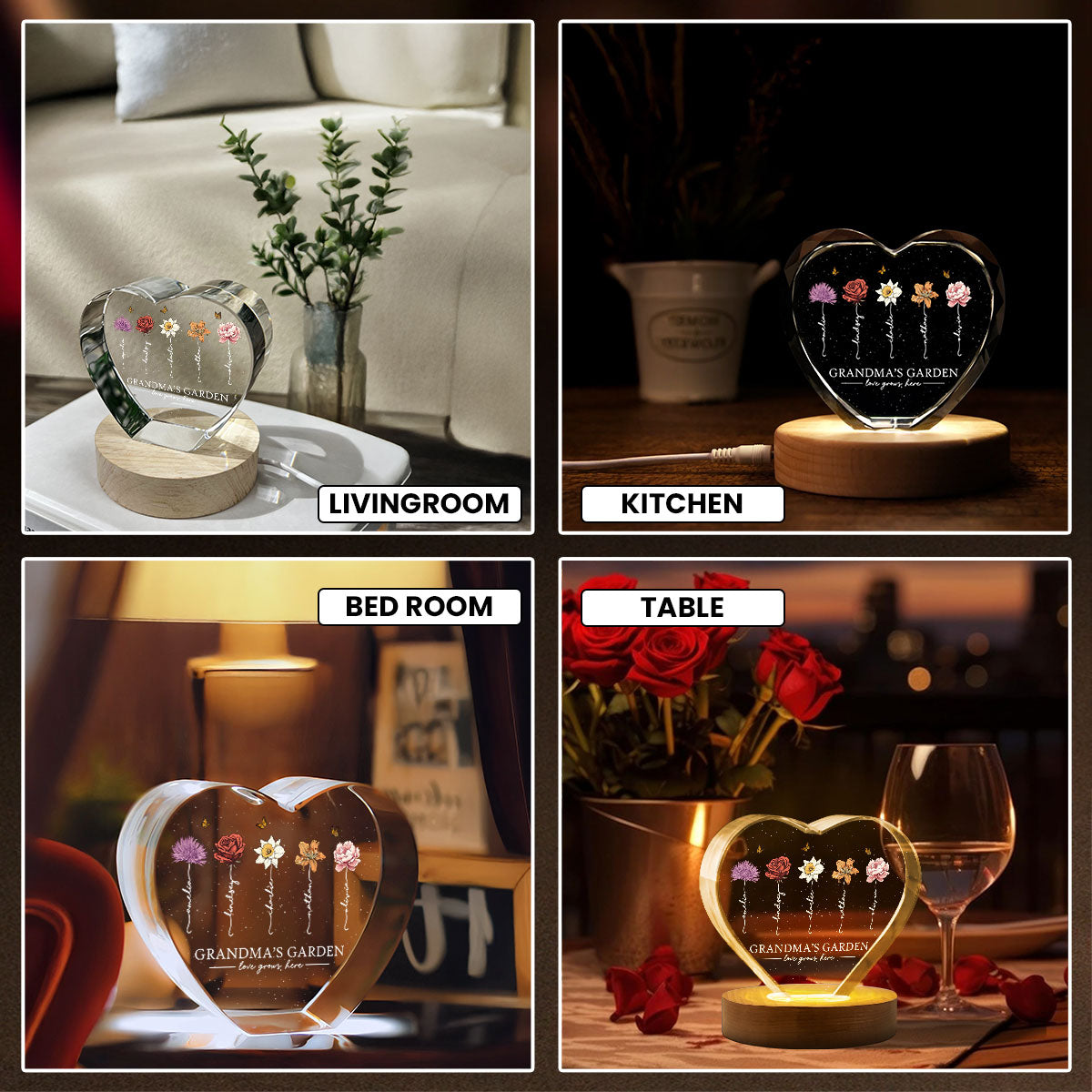 Grandma's Garden Personalized Premium Crystal Heart LED, A Timeless Treasure for Grandma, Free Shipping Included