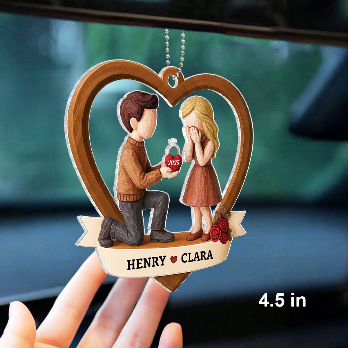 Couple Marriage Proposal 3D Wooden Effect - Personalized Acrylic Car Hanger - Newly Engaged Gift, ""She Said Yes!""