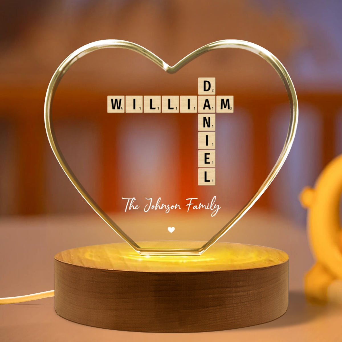 Family Names Crossword Art - Created In A Moment, Treasured Forever Personalized Heart Crystal LED