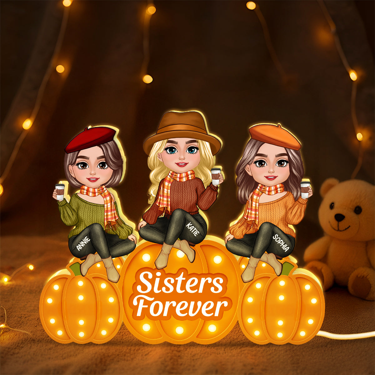Fall Season Sisters On Marquee Pattern Texture Pumpkins Personalized LED Light Box