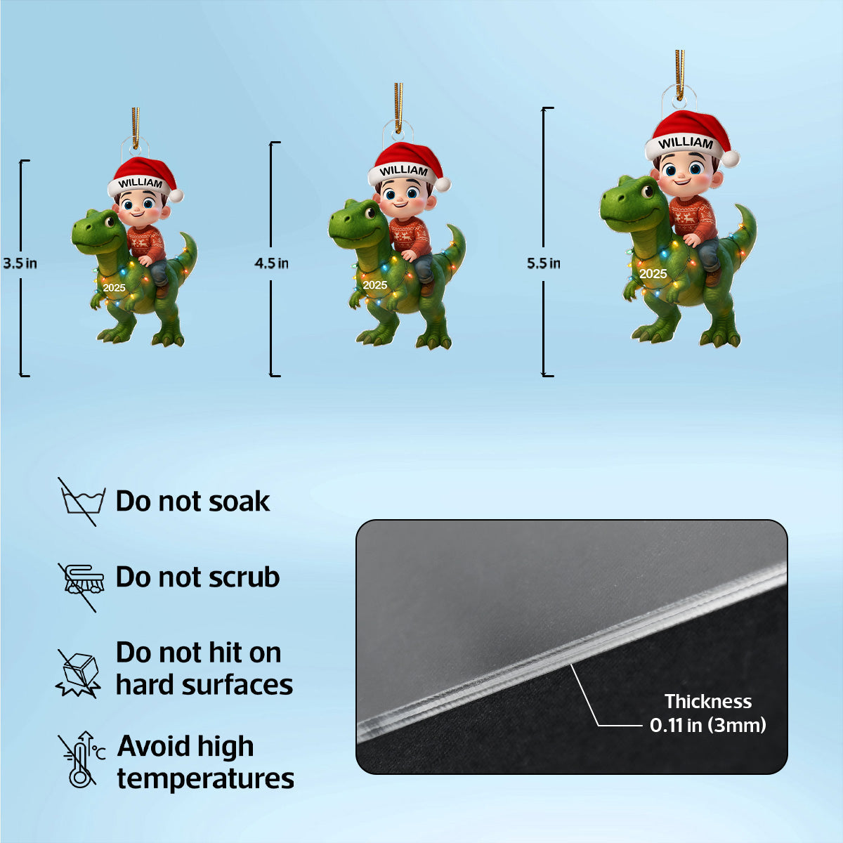 3D Effect Cute Cartoon Kid With Dinosaur Christmas - Personalized Acrylic Ornament - Unique Gift For Grandkids