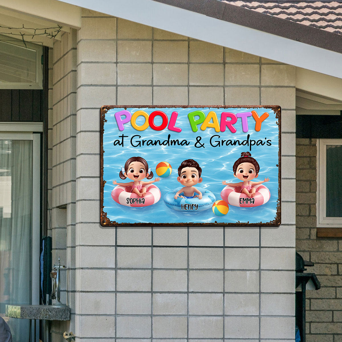 Pool Party At Grandma Grandpa Personalized Metal Sign, Grandchildren Welcome Sign