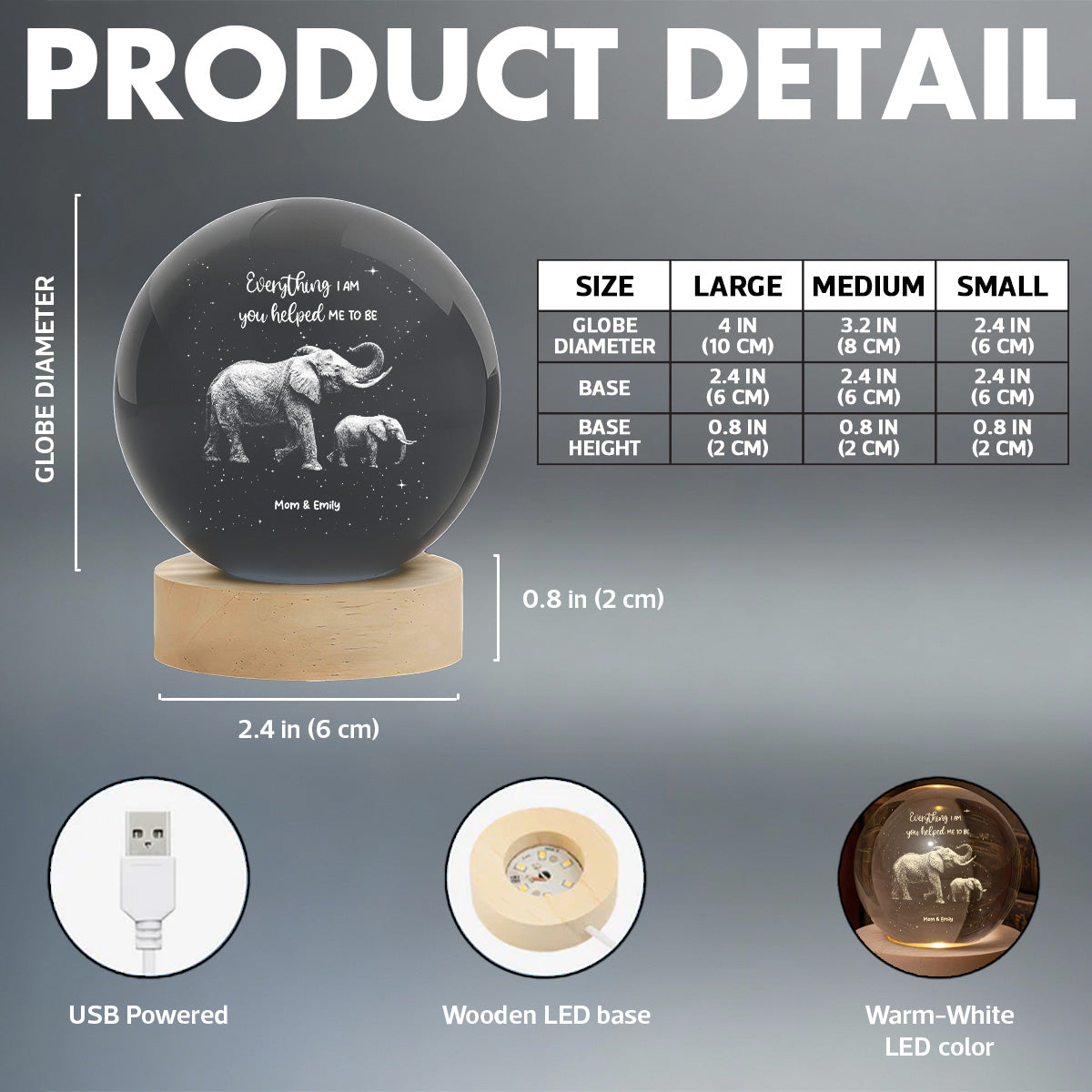 Everything I Am You Helped Me To Be Elephant - Personalized Crystal Ball LED Night Light - Birthday, Mother's Day Gift For Mom
