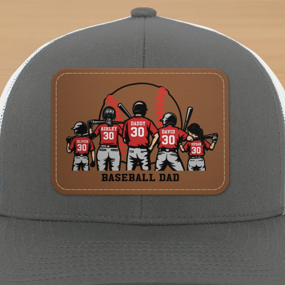 Baseball Dad And Kids Back View Silhoutte Personalized Leather Pacth Hat, Father's Day gift
