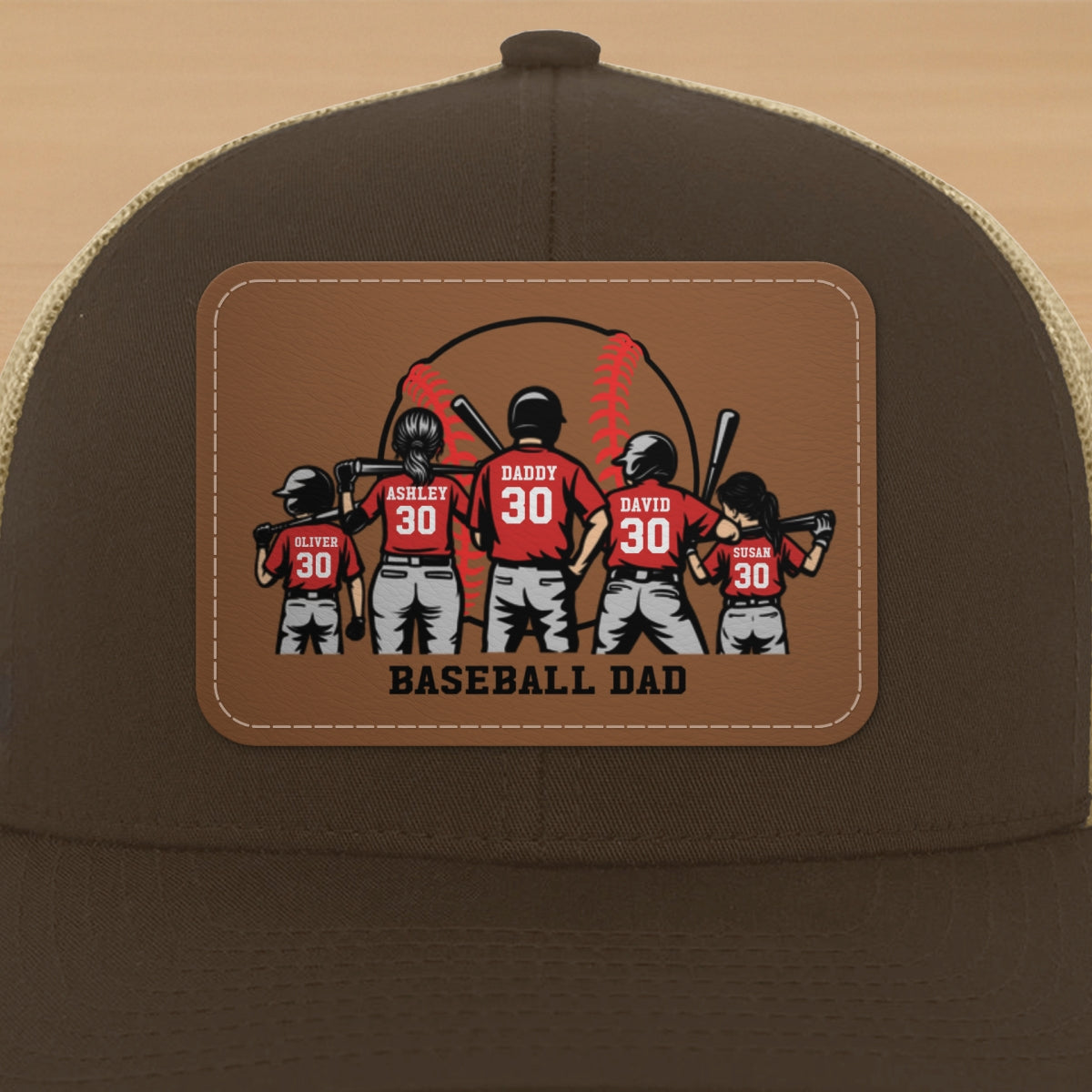 Baseball Dad And Kids Back View Silhoutte Personalized Leather Pacth Hat, Father's Day gift