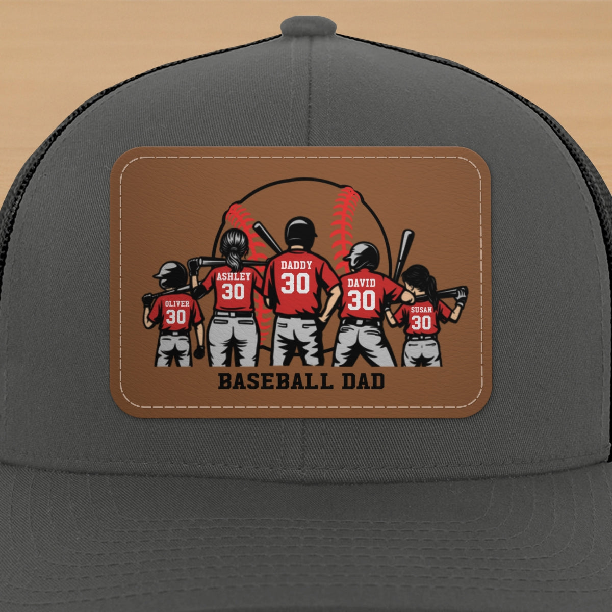 Baseball Dad And Kids Back View Silhoutte Personalized Leather Pacth Hat, Father's Day gift
