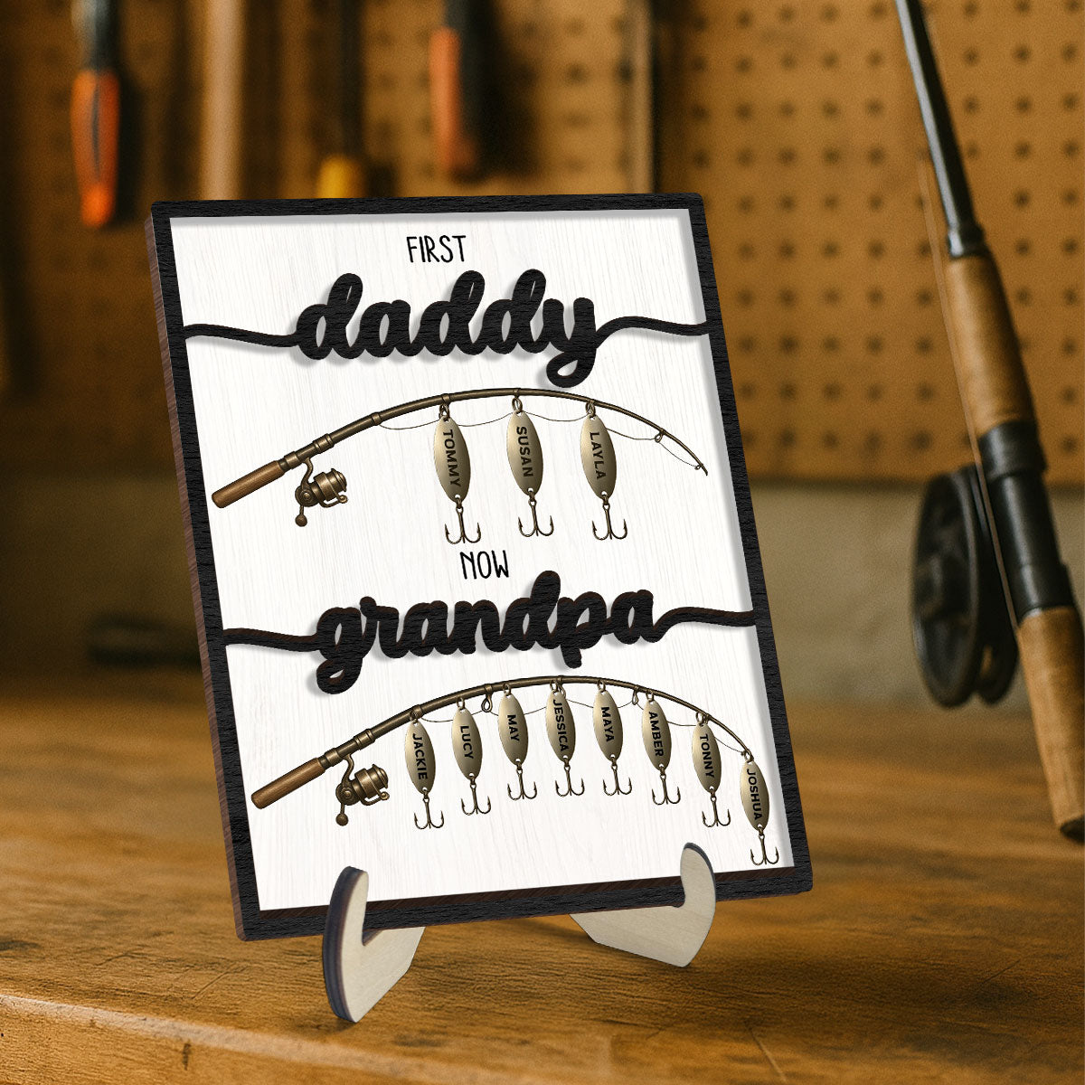 First Dad Now Grandpa Fishing Lures With Kids' Names Personalized 2-Layered Wooden Plaque,  Gift For Husband, For Dad, For Grandpa