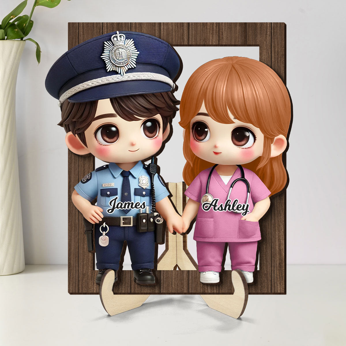 3D Effect Cute Cartoon Couple Gift by Occupation Gift For Her Gift For Him Personalized 2-Layered Wooden Plaque, Anniversary Gift For Couple