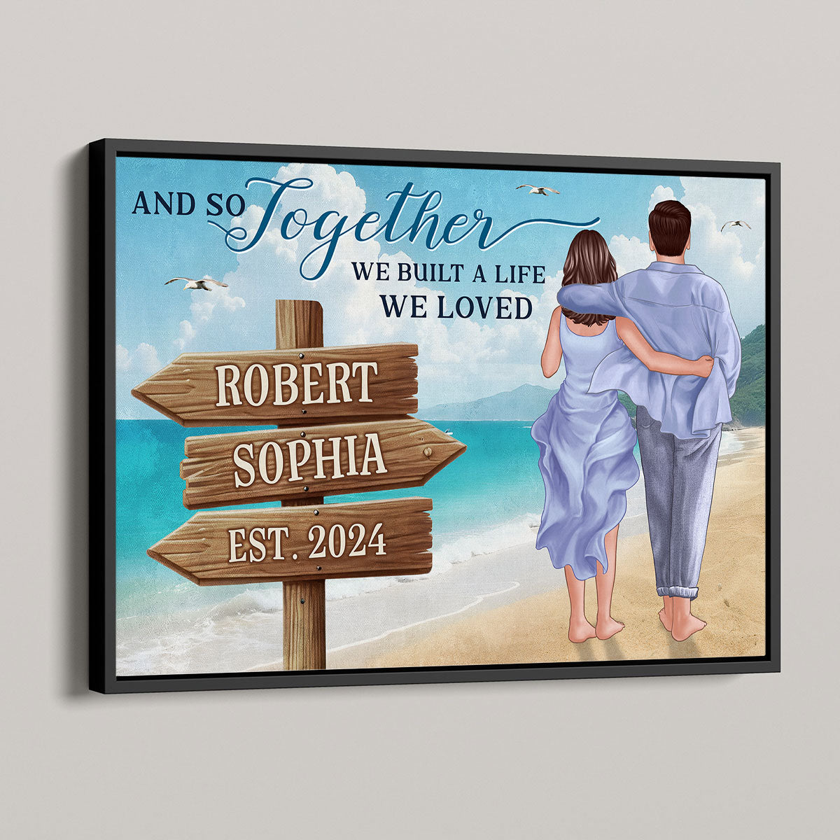 Couple Embracing And Walking On The Beach Personalized Poster, Heartfelt 2025  Gift For Couple, For Him, For Her, Boyfriend, Girlfriend, Husband, Wife