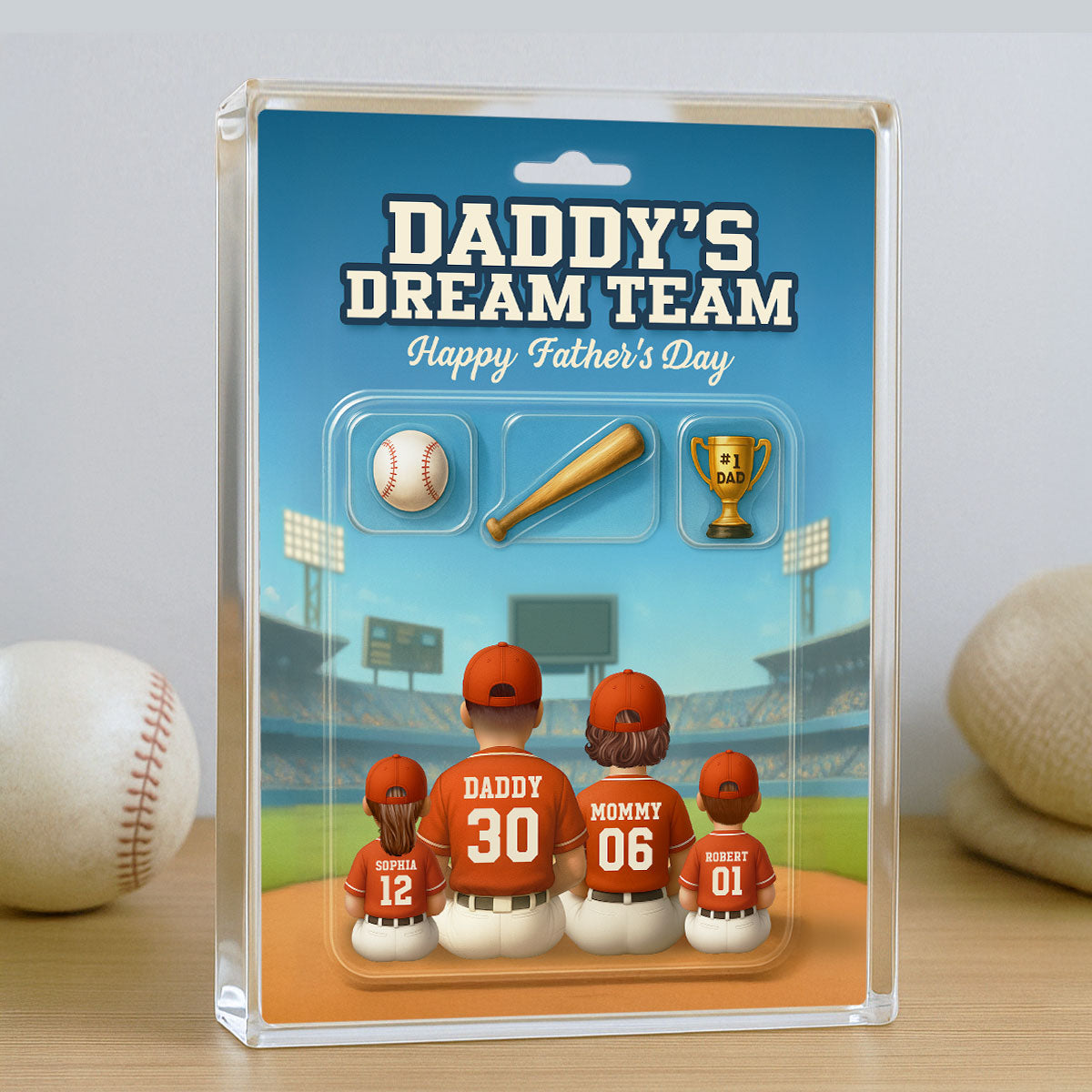3D Effect Custom Figure Baseball Family Daddy's Dream Team Personalized Flat Acrylic Block Plaque, Unique  Gift For Dad, Husband