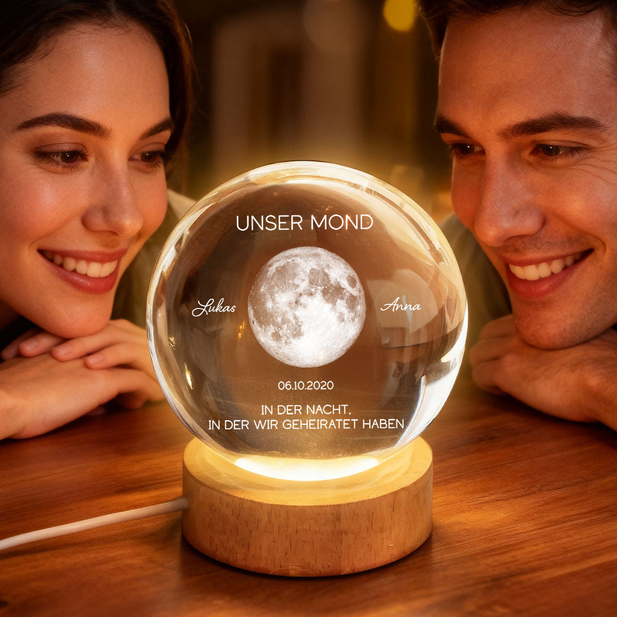 Unser Mond zum Wunschdatum – Personalisierte Mondphase – Kristallkugel Nachtlicht – Jahrestagsgeschenk fr Sie & Ihn
