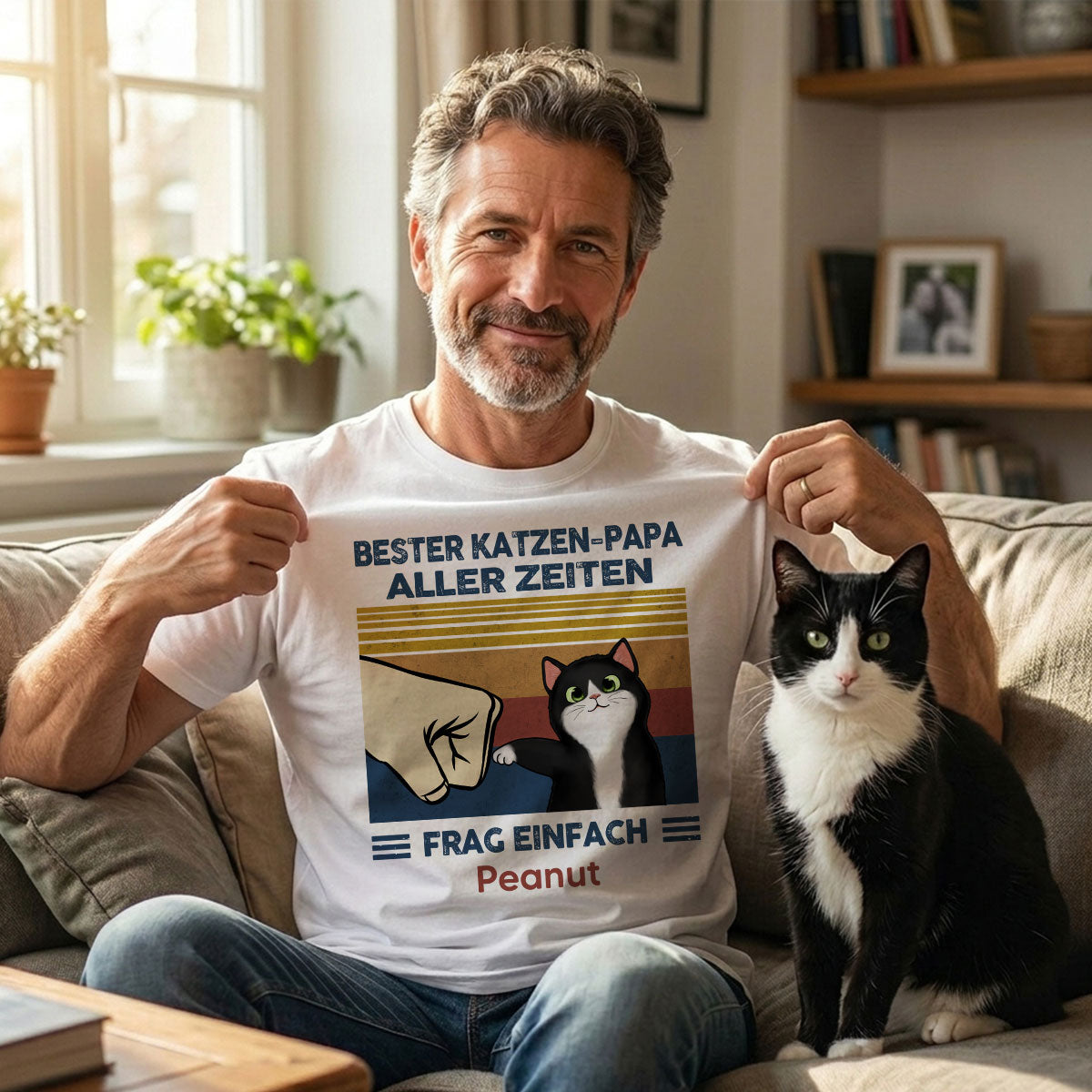 Perfektes Geschenk fr Katzenvter – Personalisiertes T-Shirt mit Katzen-Faustgru