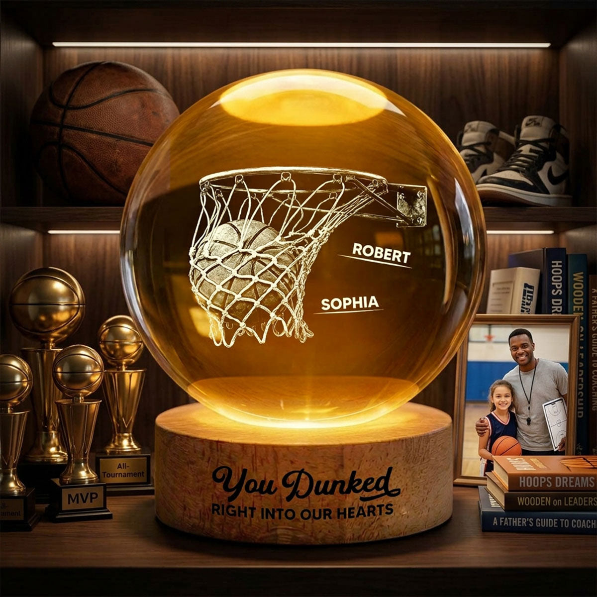We Dunked Right Into Our Heart - Personalized Crystal Ball LED Night Light -  Gift For Basketball Dad