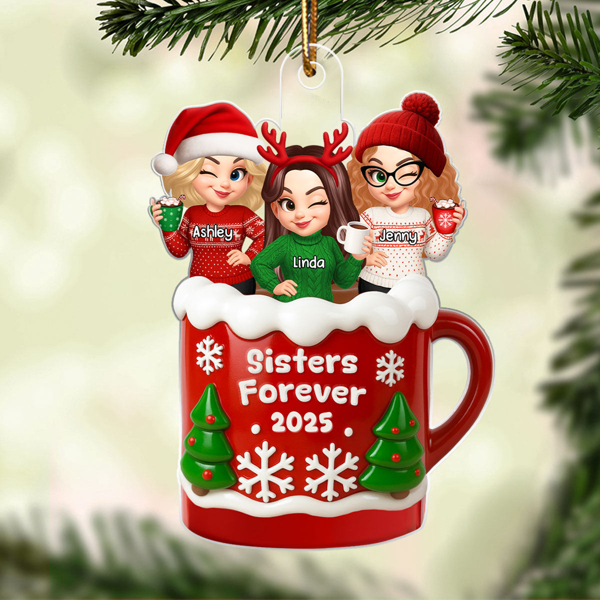 Christmas Besties Sisters In Hot Cocoa 3D Effect Personalized Acrylic Ornament