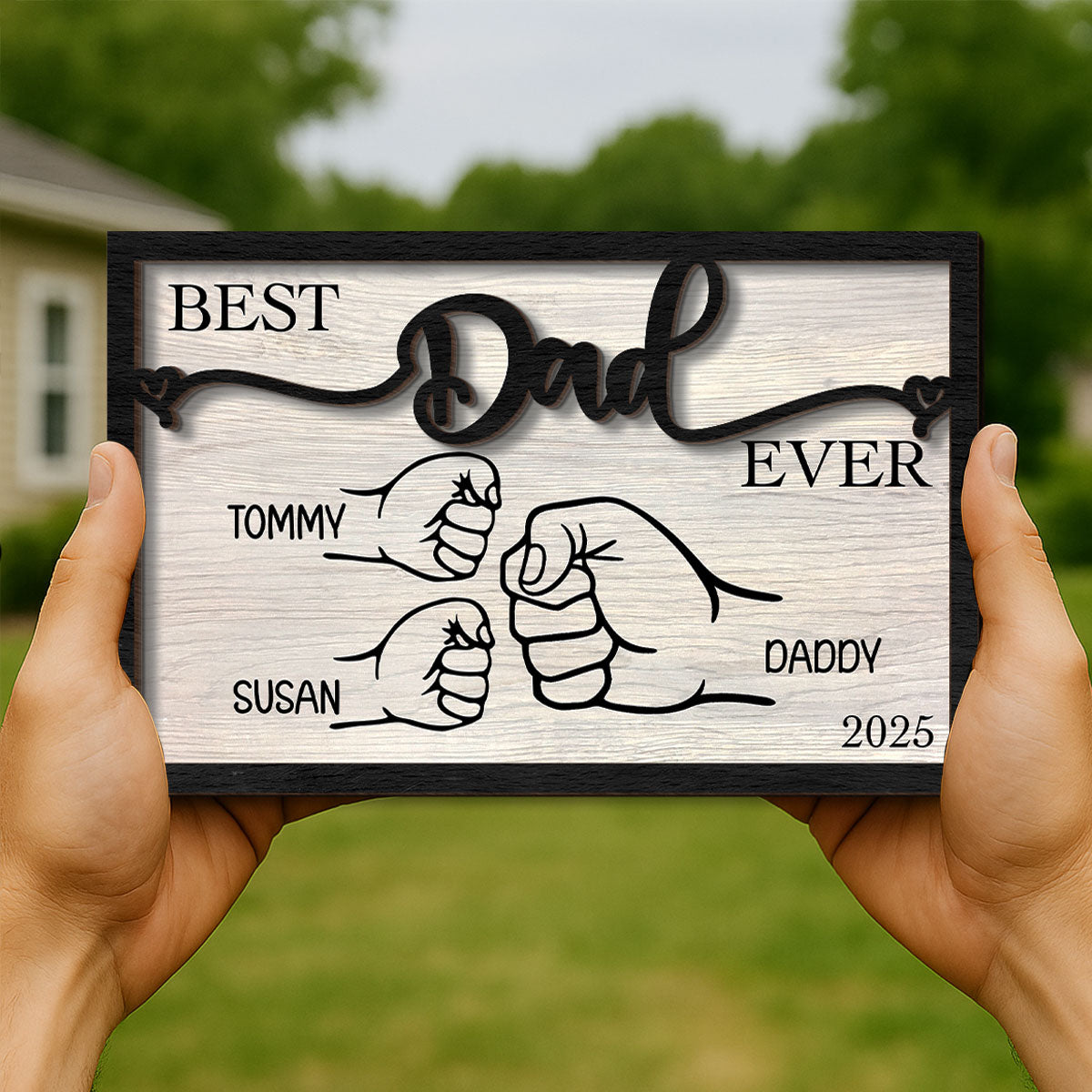 Personalized  Gift, Fist Bump Dad and Kids 2-Layer Wooden Plaque