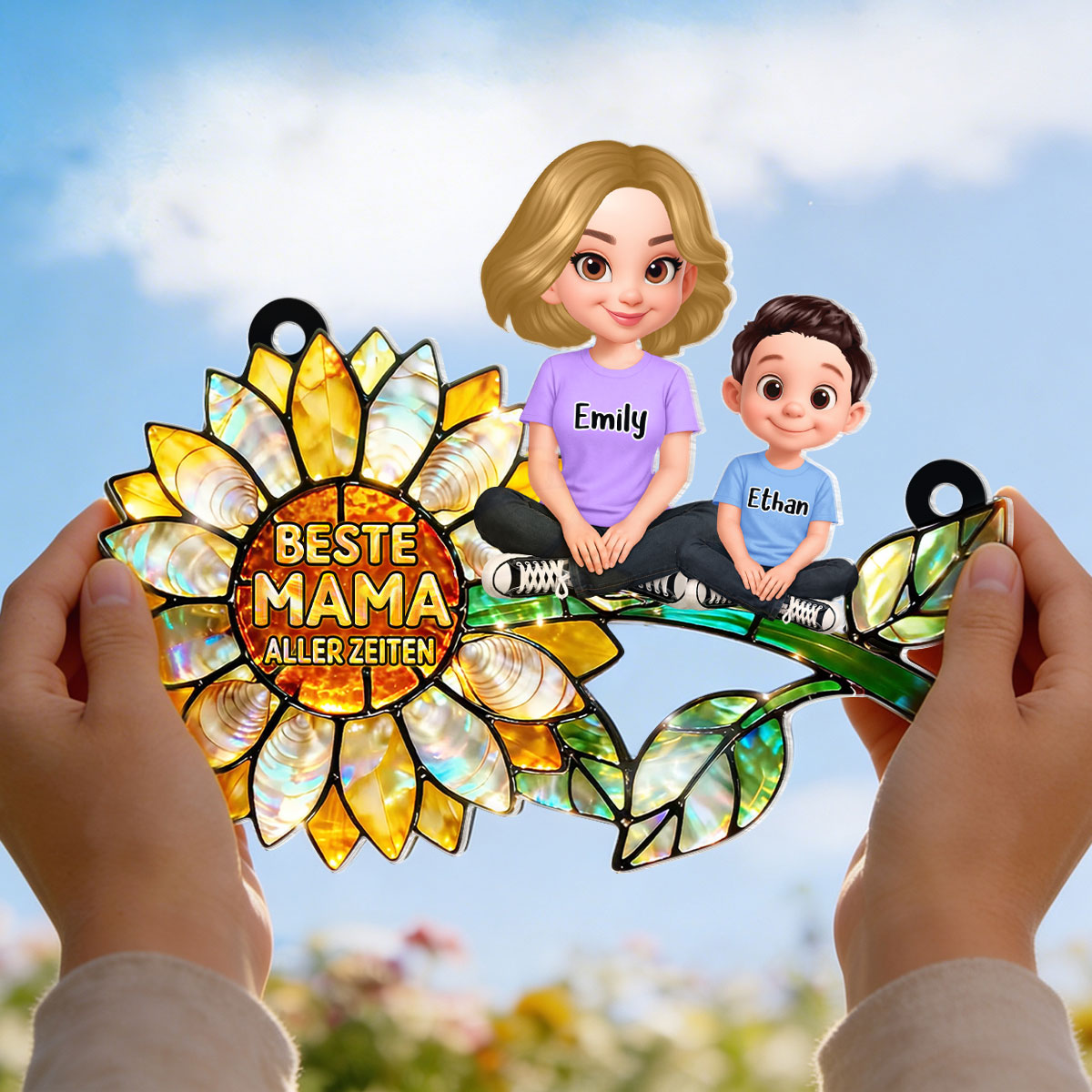 Sonnenblumen-Mama mit Kindern – Personalisierter Suncatcher frs Fenster – Liebevolles Muttertagsgeschenk fr Mama oder Ehefrau