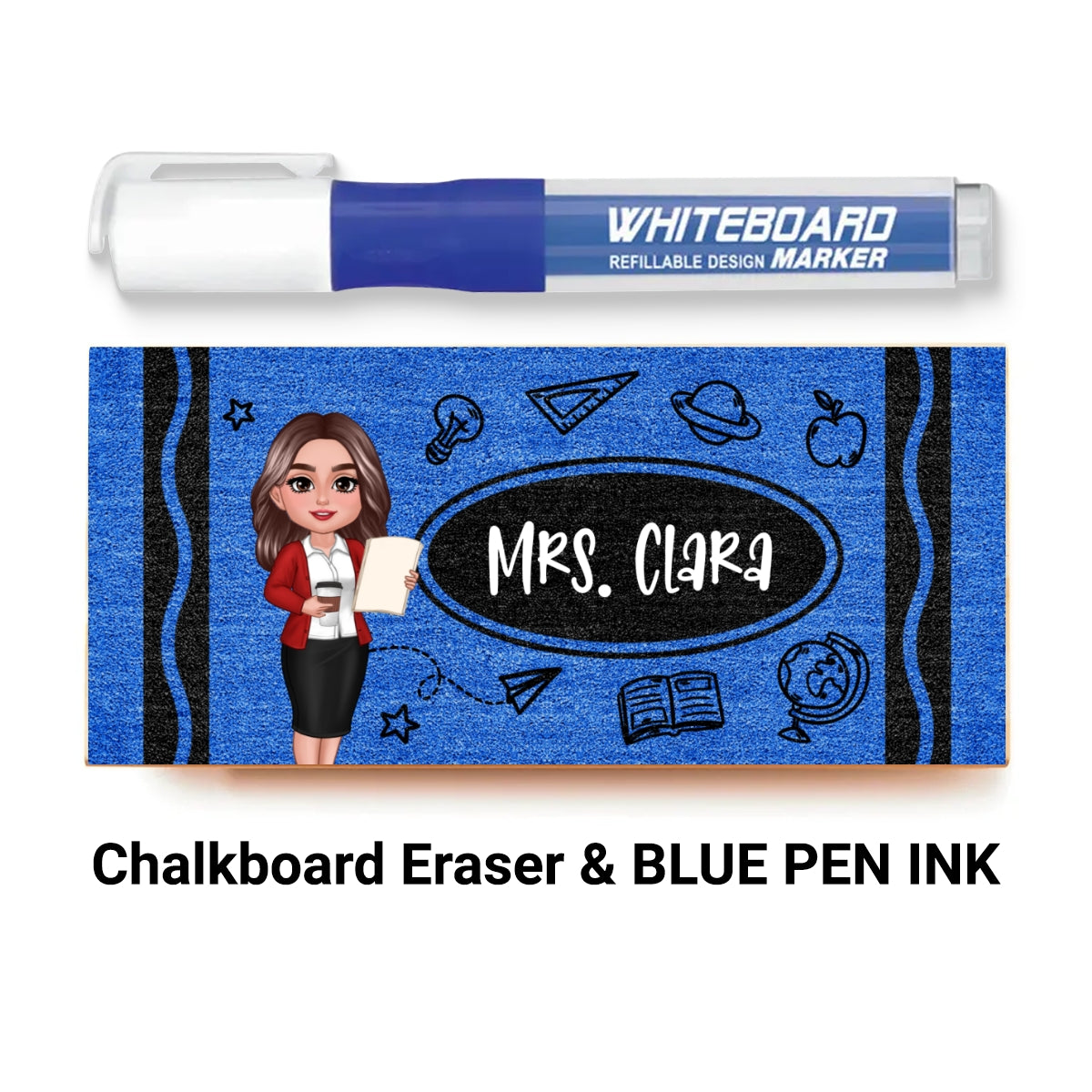 Teacher Crayon Pattern Personalized Chalkboard/Whiteboard Eraser with Marker, Teacher Appreciation Gift, Back To School Gift