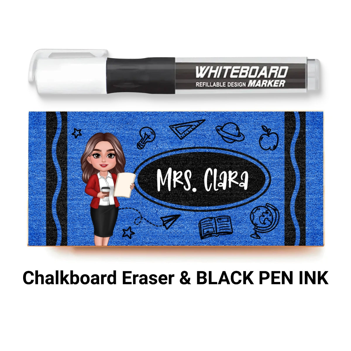 Teacher Crayon Pattern Personalized Chalkboard/Whiteboard Eraser with Marker, Teacher Appreciation Gift, Back To School Gift