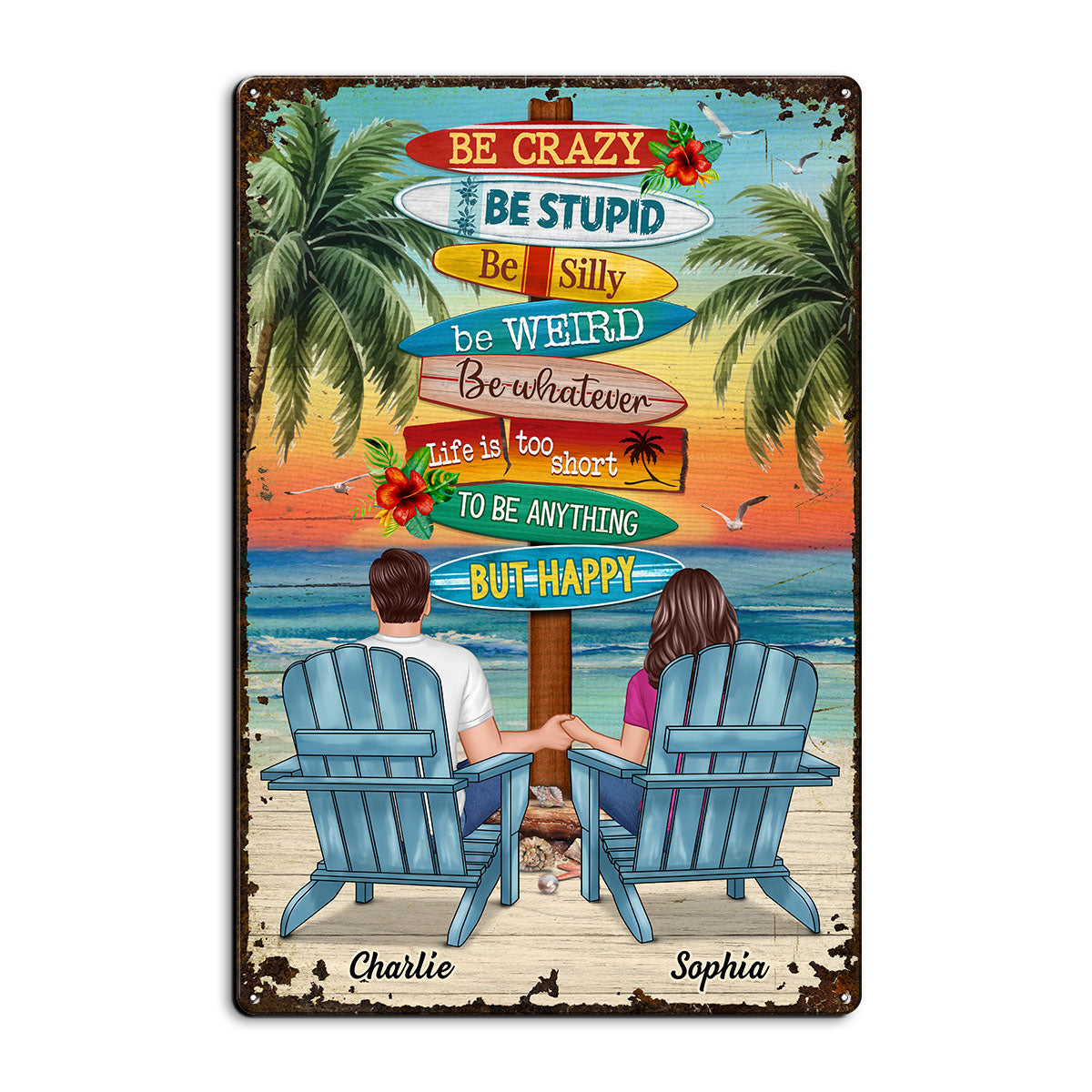 To Be Anything But Happy Beach Sitting Couple Personalized Metal Sign