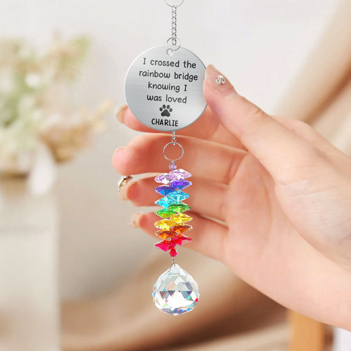Pet Dog Cat Memorial Crossed The Rainbow Bridge Personalized Crystal Suncatcher With Aluminum Charm