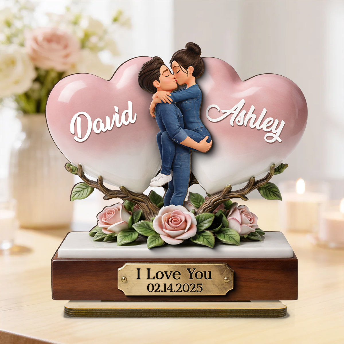 I Love You Couple Heart Rose - Personalized 2-Layered Wooden Plaque - Anniversary, Valentine's Day Gift, Gift For Him, Gift For Her