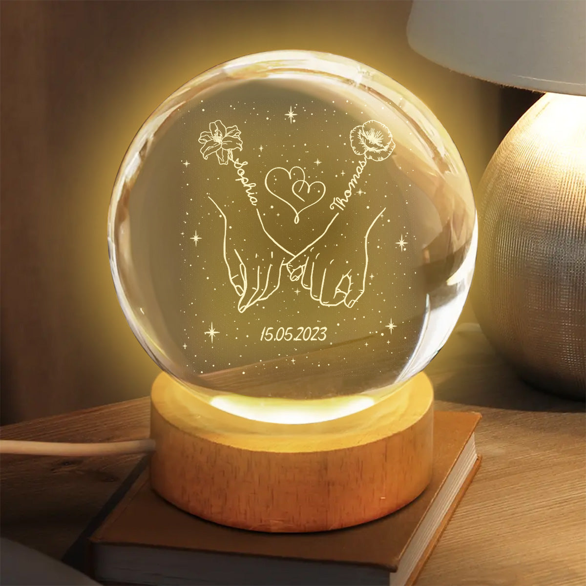 Eternal Love Couple Holding Hands Custom Birth Month Flowers - Personalized Crystal Ball LED Night Light - Valentine's Day Gift For Couple