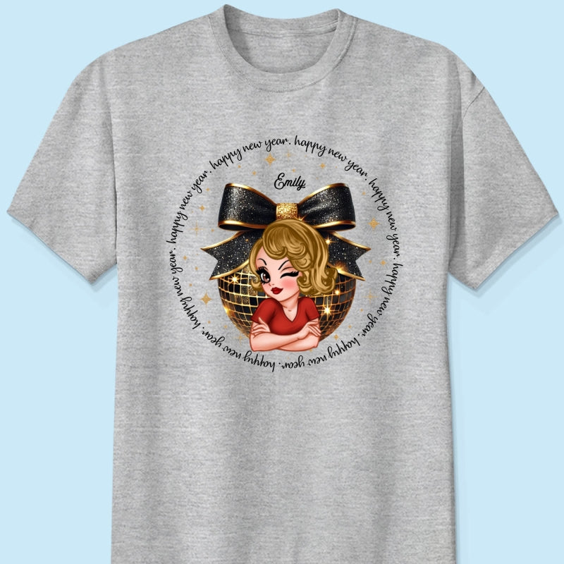 Happy New Year 2025 Black And Gold Glitter Disco Ball Personalized Shirt, New Year Gift For Yourself