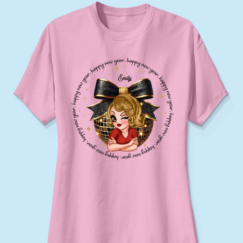 Happy New Year 2025 Black And Gold Glitter Disco Ball Personalized Shirt, New Year Gift For Yourself