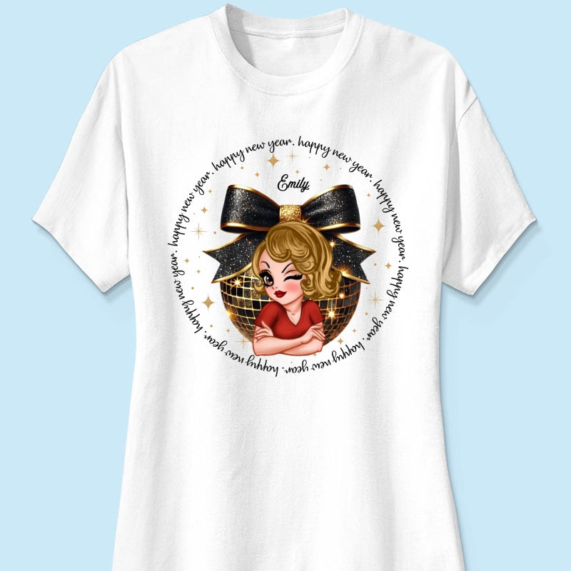 Happy New Year 2025 Black And Gold Glitter Disco Ball Personalized Shirt, New Year Gift For Yourself